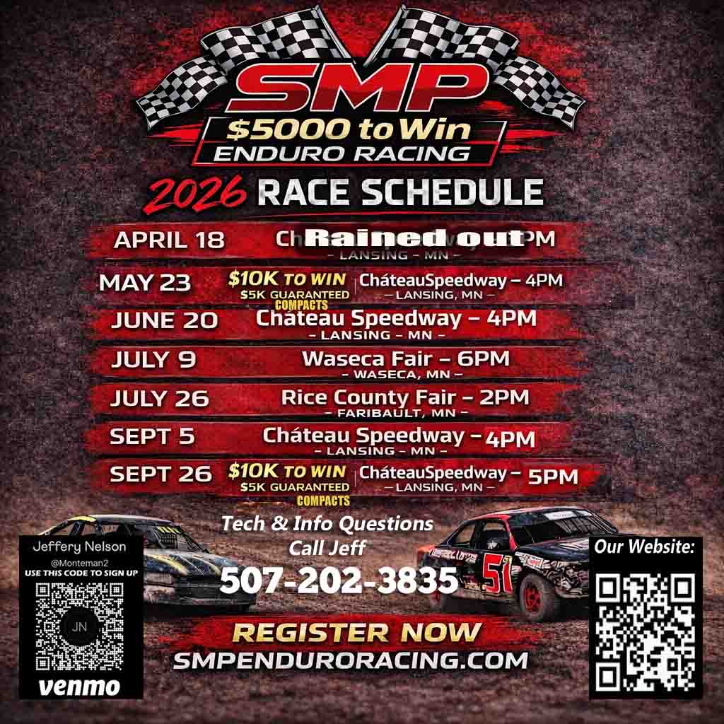 2026 SMP Enduro Racing schedule showing upcoming race dates, including rain date updates for dirt track Enduro events in Southern Minnesota.