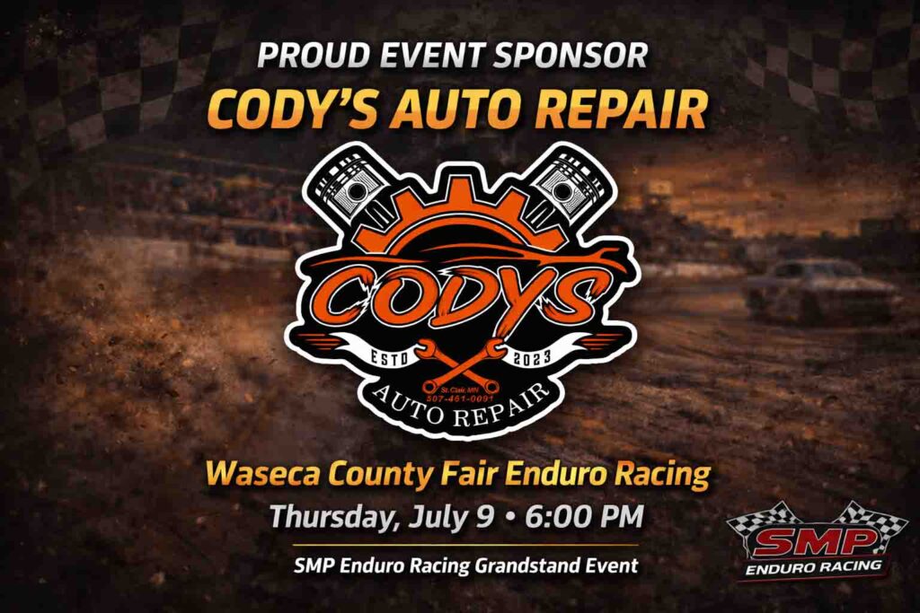 Cody’s Auto Repair sponsor logo for SMP Enduro Racing Waseca County Fair Enduro event on July 9 in Southern Minnesota.