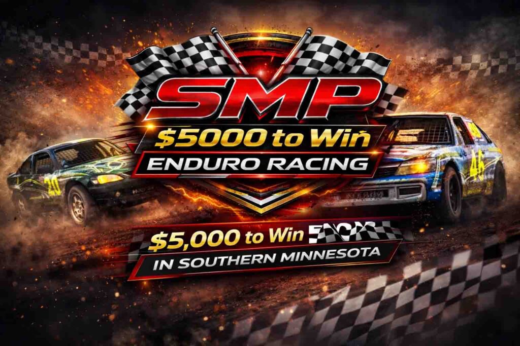 Enduro racing in Southern Minnesota featuring SMP $5,000 to win series with compact and full-size race cars competing on dirt track