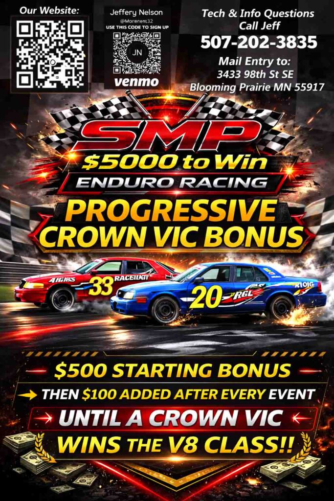 Crown Victoria race car competing in SMP Enduro Racing V8 class with progressive bonus payout starting at $500 and increasing each event.