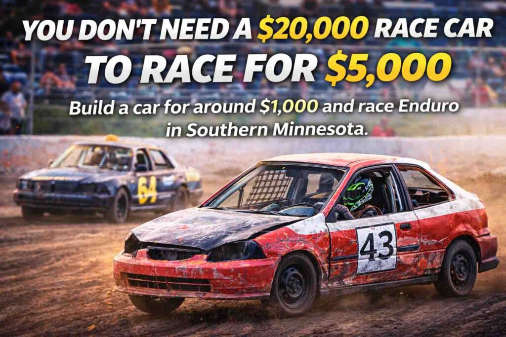 Enduro race cars competing on a dirt track in Southern Minnesota with $5,000 to win SMP Enduro Racing Series, affordable racing for beginners and experienced drivers.