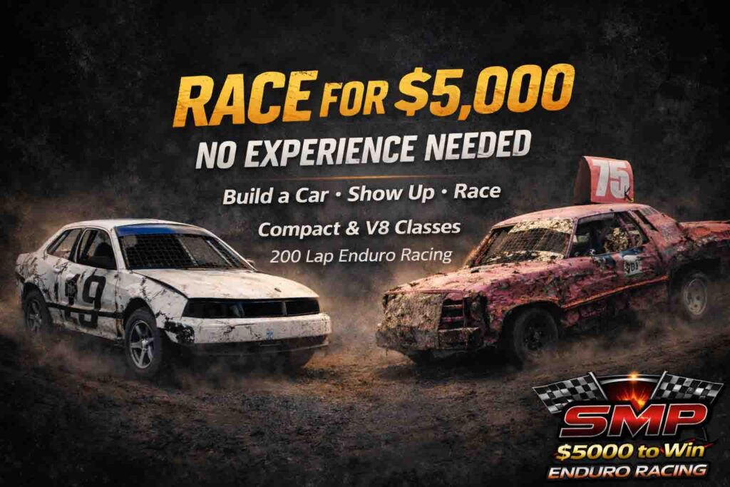 Enduro race cars competing on a dirt track in Southern Minnesota with $5,000 to win SMP Enduro Racing Series, affordable racing for beginners and experienced drivers.