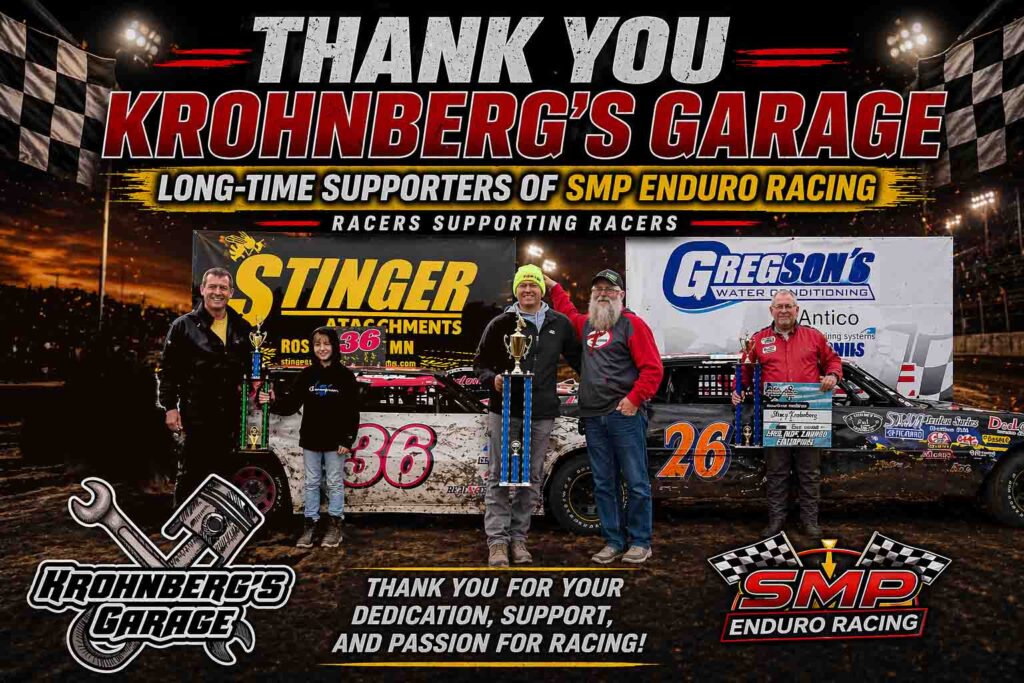 Krohnberg’s Garage sponsor appreciation hero image featuring Stacy, Andy, and Brady Krohnberg in victory lane with trophies at SMP Enduro Racing in Southern Minnesota.