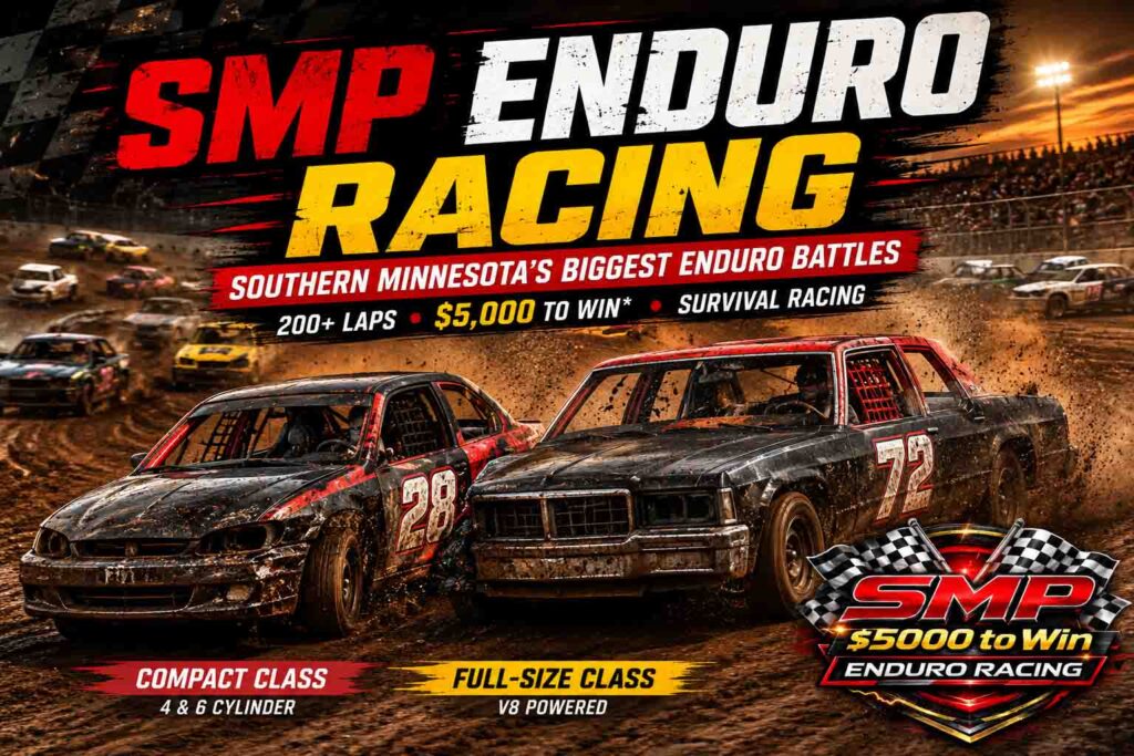 SMP Enduro Racing hero image showing compact and full-size Enduro cars battling on a dirt track during high-intensity racing in Southern Minnesota.