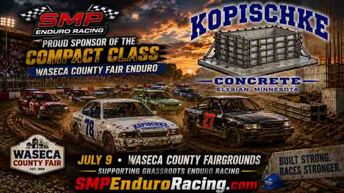 Kopischke Concrete sponsorship hero image featuring Compact Class dirt track Enduro racing at the Waseca County Fair for SMP Enduro Racing.