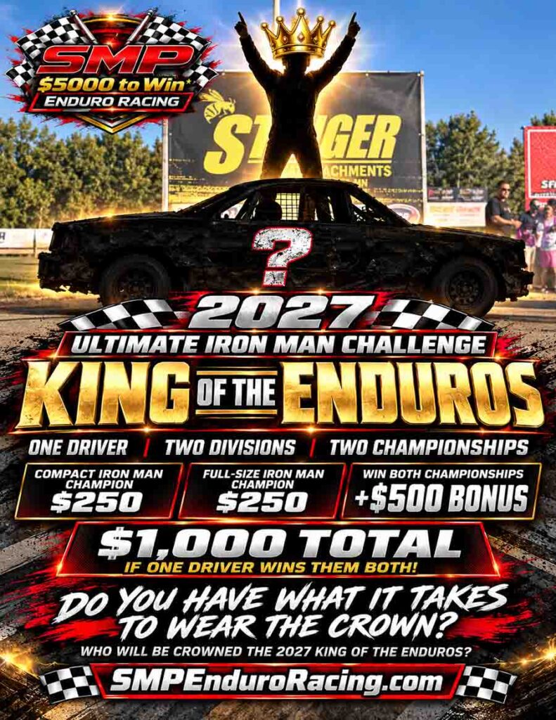 2027 King of the Enduros Ultimate Iron Man Challenge flyer featuring a mystery champion, Compact and Full-Size championships, and $1,000 total prize