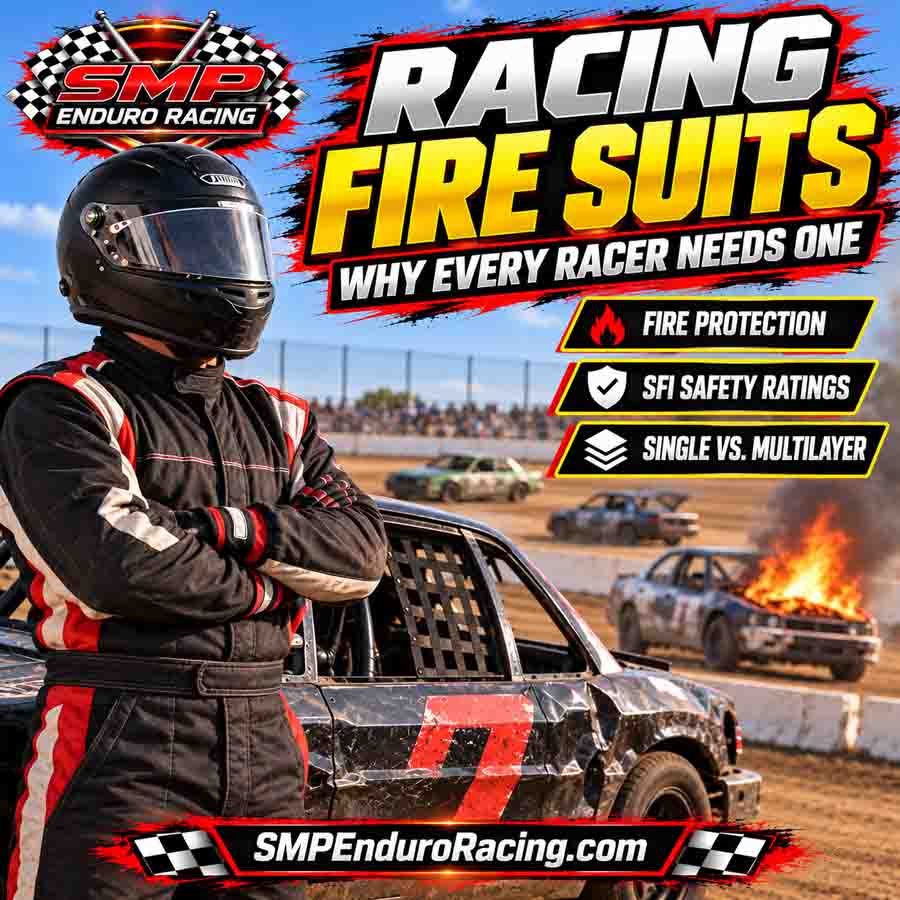 Racing fire suit safety guide showing a dirt track race car driver wearing fire-resistant protective gear